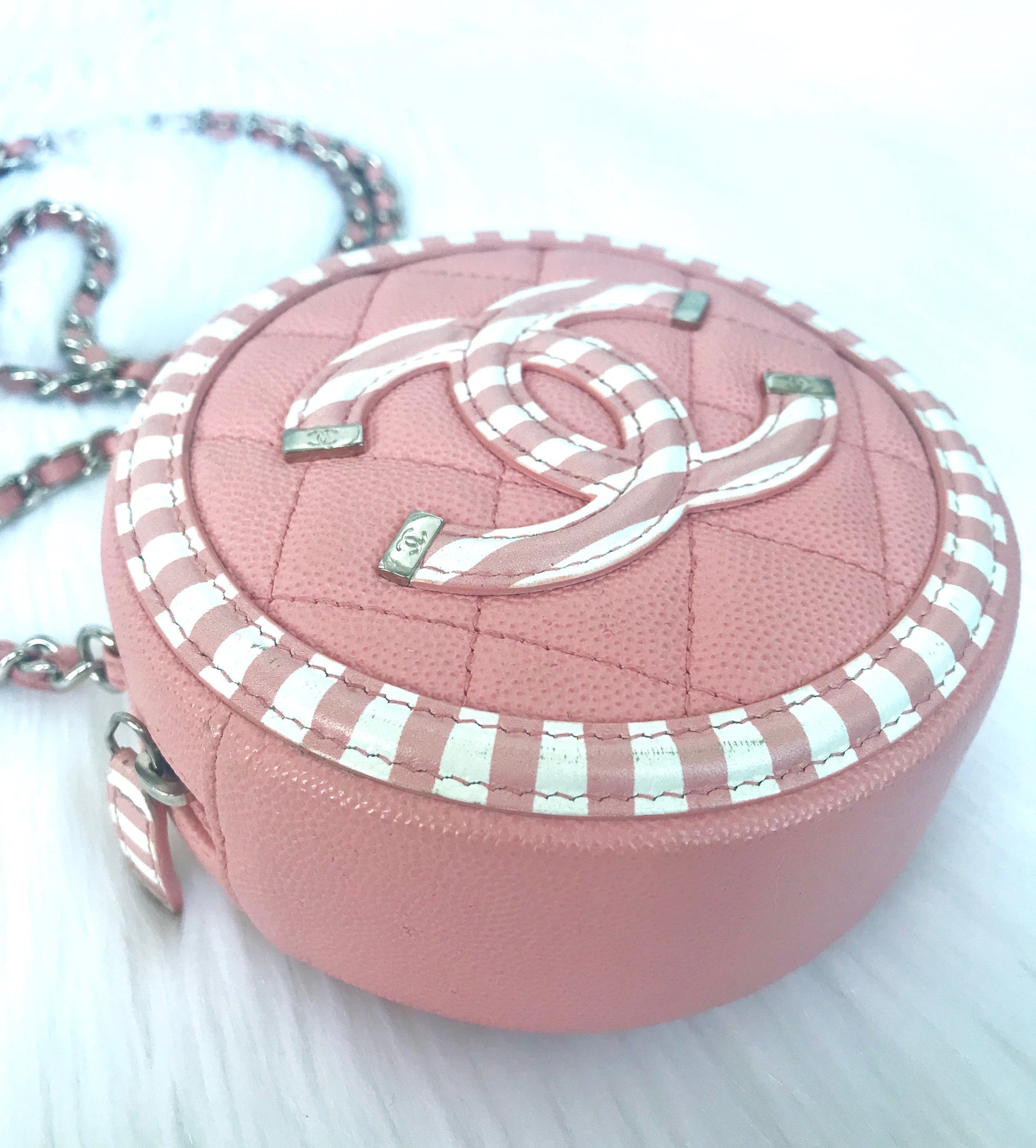 CHANEL PVC Lambskin Filigree Round Clutch With Chain Pink 911545
