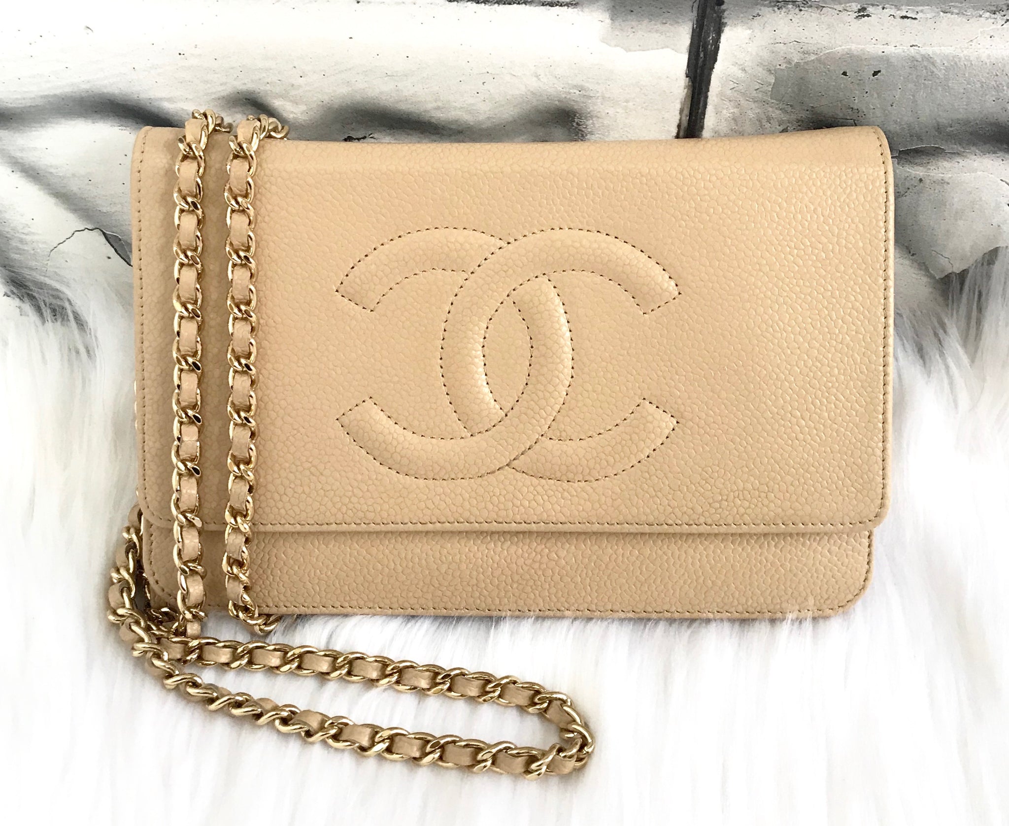 New Box CHANEL Wallet on Chain Caviar Leather Beige WOC Bag Gold MICRO CHIP  