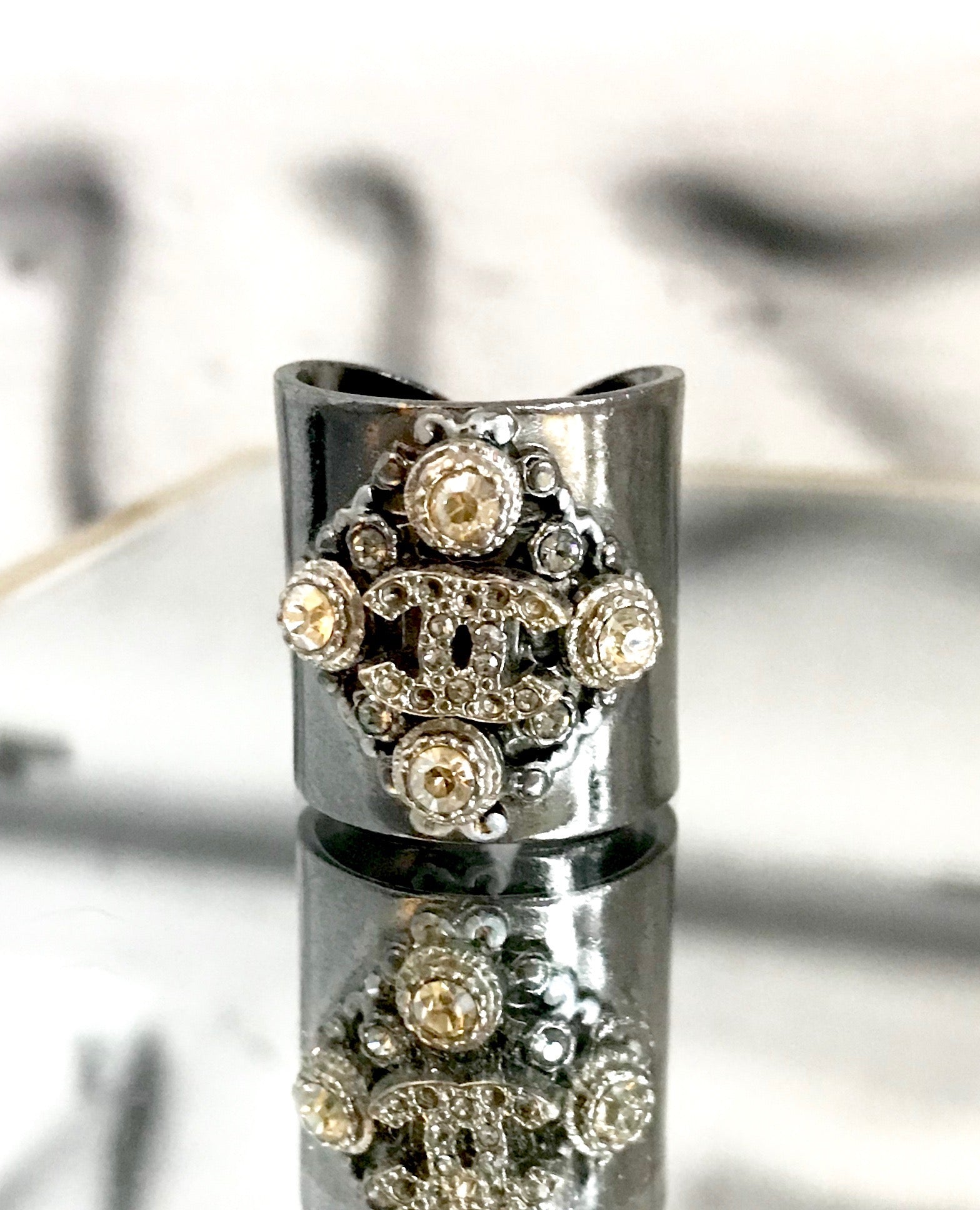Chanel Rinestone Rings CHANEL Rhinestone Silver Ring – Clutch & Covet, LLC